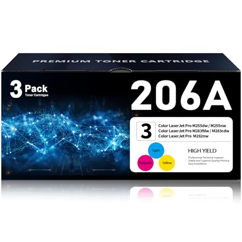 Image of 206A Toner Cartridges (3-Pack) Replacement for HP 206A 206X M283fdw M283cdw | Compatible with HP 206X Cyan Magenta Yellow Color Laser Pro MFP M283fdw M283cdw M255dw M282 M283 M255 (W2111A W2112A W2113A)