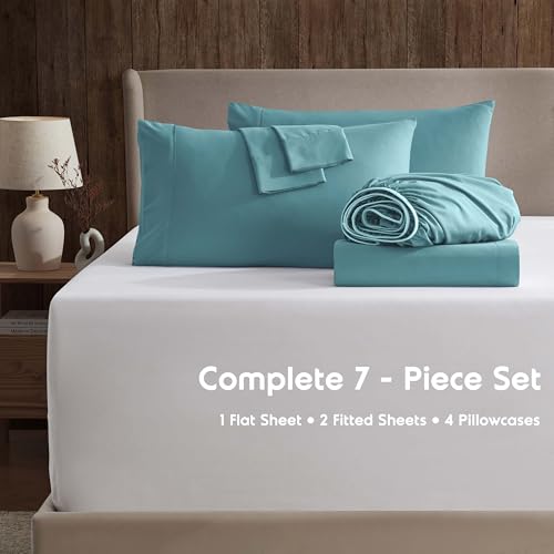Image of Nestl Extra Deep Split King Sheet Set - 7 Piece Breathable & Cooling Sheets - Hotel Luxury Bedding Set w /18-24 Inch Deep Pockets - Easy & Secure Fit - Super Soft, Wrinkle Free & Comfy - Teal