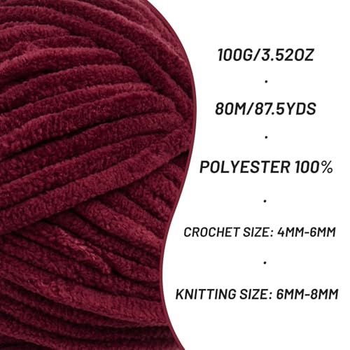 Image of 2 Pack Fluffy Chenille Yarn for Crocheting, Chunky Velvet Yarns for Crochet Amigurumi, Baby Yarn for Crocheting Soft Blanket, 174.9yds /7 oz Bulky Yarns for Crafts /Hats /Shoes /Socks (2 Burgundy)