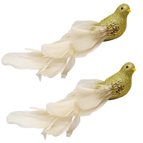2pcs Christmas Tree Decorations Gold Glitter Birds Clip on Bird Ornaments 8" Artificial Birds with Feathers for Wreath Crafts Xmas Tree Decor