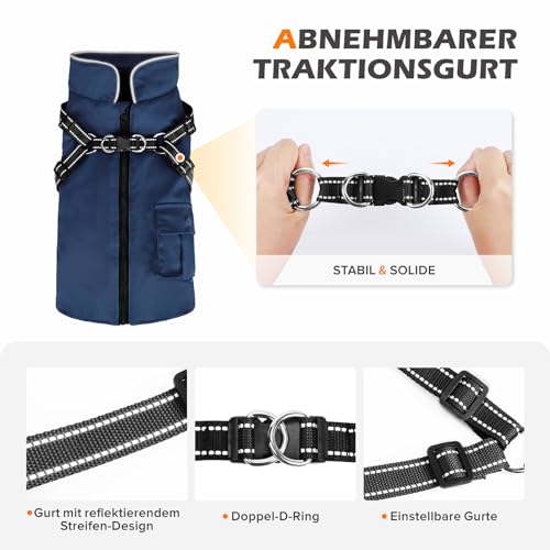 Woiil Hundemantel Hundejacke Wintermantel für Kleine Hunde, Hundemantel Winter mit Geschirr, Hunde Wintermantel Ärmellose Baumwolle Gepolsterte Weste Wasserdicht Warme Reflektierend, Navyblau S