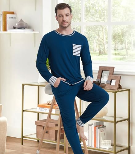 Image of NACHILA Mens Pajamas Set Long Sleeve Henley Sleepwear Top Soft Jogger Pants Pajamas Cool Pjs Set,Viscose Made from Bamboo