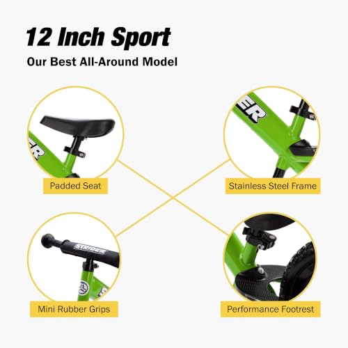 Image of Strider 12 Sport Bike, Green - No Pedal Balance Bicycle for Kids 1 to 4 Years - Includes Safety Pad, Padded Seat, Mini Grips, Flat-Free Tires-Easy Assembly, Tool-Free Adjustments | No-Pedal Balance Bike for Toddlers, Safety Pad, Adjustable Seat and Handlebars, Lightweight Frame, Never-Flat Tires