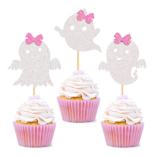 24Pcs Ghost Cupcake Toppers - Pink & White Halloween, Baby Shower...