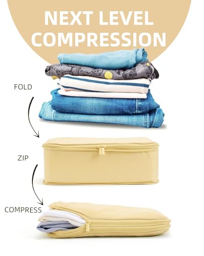 6 Set Compression Packing Cubes for Travel, Large Medium Small Luggage Organizers (Bright Yellow)3