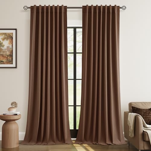 Guken 100% Blackout Curtains 90 Inch Length 2 Panels Set for Living Room Bedroom Back Tab Thermal Insulated Black Out Linen Drapes Room Darkening Window Curtains 90 Inches Long,Rustic Brown