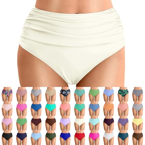 Image of Womens Bikini Bottoms High Waist Tummy Control Swim Briefs Cross Front Ruched High Rise Bikini Pants Stretchy Full Coverage Swimwear Bottoms, 15-Beige, XL