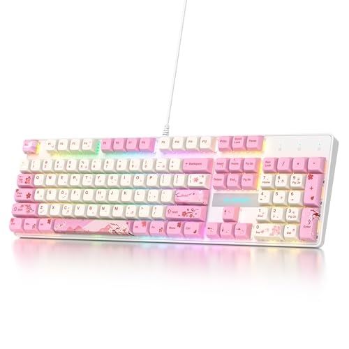 Image of surmen Full Size Pink Keyboard with Number Pad, 104 Keys RGB Wired Mechanical Gaming Keyboard Backlit with PBT Keycaps Linear Red Switch for Laptop Desktop PC Gamers(104 Ying)