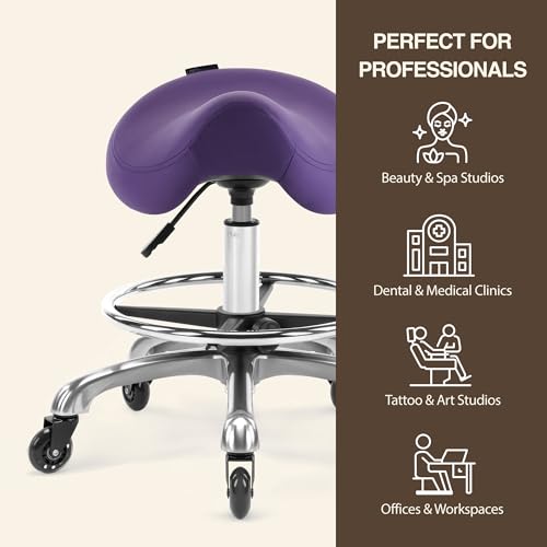 Image of Haku 506 Series Ergonomic Saddle Stool, Adjustable Pneumatic Swivel Rolling Stool with Wheels for Salon, Medical, Spa, Tattoo, Home and Office, English Violet