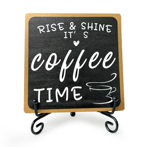 FDKYOEK Coffee Bar Sign, 4x4" Wooden Rise and Shine It's