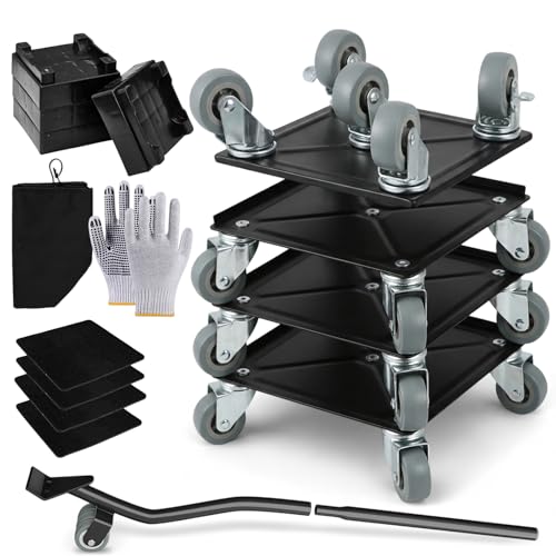 STEEL-LAND 家具移動ツール ブレーキ搭載 キャスター ヘルパー 4個セット 5輪タイプ 耐荷重800kg 高炭素鋼ベース 重量物移動 リフターセット 台車 360度回転 静音 家具・家電移動 便利グッズ 高さ調整バッド4枚・滑り止めパッド4枚・省力レバー1本・手袋1組・収納袋1個付き [並行輸入品]
