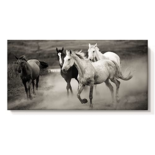 cozy country Horses Canvas Wall Art Decor: Western Farmhouse Ponies Gray Picture Vintage Rustic Painting Wild Animals Running in the Vast Grassland Artwork for Living Room 48' x 24'