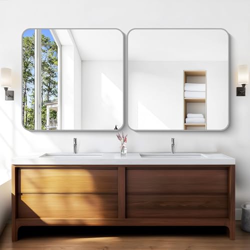 Image of Silver Bathroom Mirror, 42 x 42 Inch Silver Square Mirror, Metal Framed Rectangular Vanity Mirror, Rounded Corner Wall Mounted Mirror for Living Room Bedroom Entryway Hangs Horizontal /Vertical