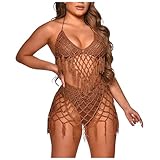 Women's Tassel Fishnet Swimsuits High Waisted Two Piece Bathing Suit Sexy Halter Knitted Swim Top and Bikini Bottoms Brown