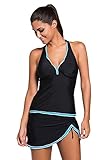 EVALESS Women Solid Color Sporty Style Two Piece Tankini, Black, Size No Size