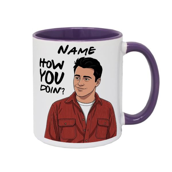 MUGGZ Personalised Joey Mug, How You Doin? Funny TV Fan Gift, Optional Name, Black, White or Purple Mug, Coaster, Card