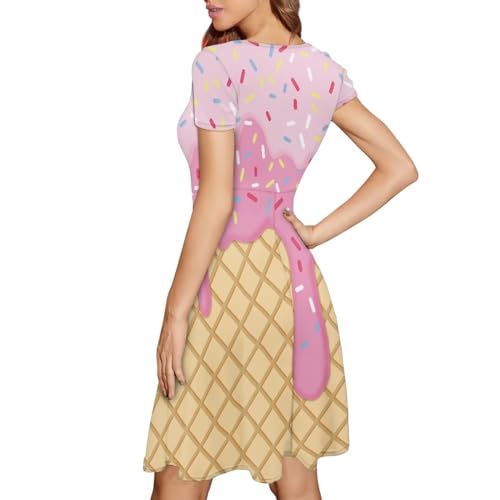 Image of POLERO Women Puffy Swing Elegant Party Midi Dresses Short Sleeve Round Neck A-Line Dress