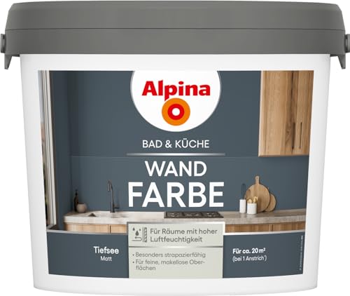 Alpina Bad & Küche Wandfarbe – matte Innenfarbe für Feuchträume, hohe Deckkraft & tropfgehemmt, streichfertige Wand- und Deckenfarbe für Bad & Küche – 2,5 L Tiefsee