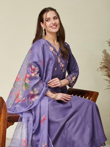Image of MOKOSH Women's Silk Blend Embroidered Anarkali Kurta Pant with Dupatta | Anarkali Kurta Pant With Dupatta | V Neck 3 /4 Sleeve | Ethnic Wear | Floral Kurta 3 Color Available