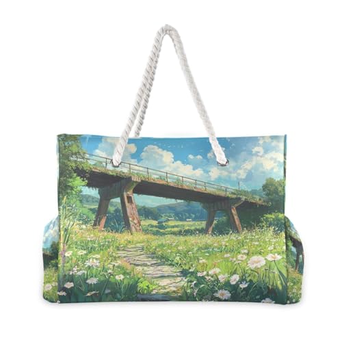 Meadow and Bridge Beach Bag & Travel Tote Bag Large Sandproof with Zipper Closure, Wet Pouch for Swim Gym Travel, Lightweight Foldable Outdoor Bag2