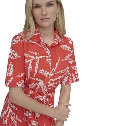 Image of DKNY Women's Short Sleeve Cotton Poplin Collared Midi Shirtdress