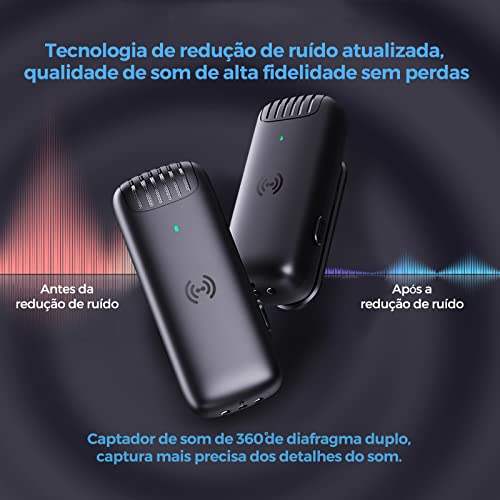 Atualizado Wireless Lavalier Microfone, Plug & Play, Auto-Sync, Redução de Ruído Mais Forte, Entrevi