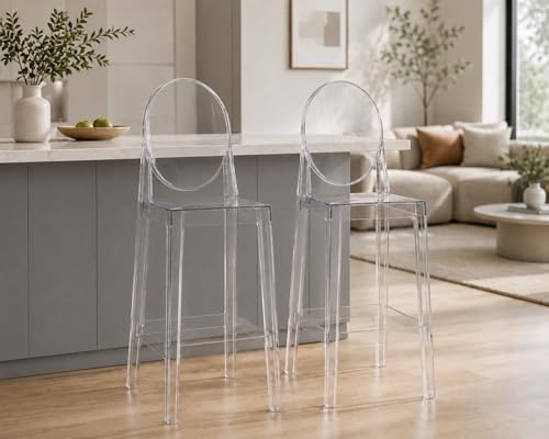 2xhome 30 Set of 2 Bar Height Stools | Oval Back Transparent Ghost Chair | Armless Polycarbonate Barstool with Footrest for Kitchen Island & Dining (Clear)