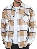 MAGNIVIT Flannel Shirt for Men Brushed Cotton Plaid Shirt Jacket Spring Fall Casual Long Sleeve Button Down Shacket 2 Pockets Beige XL