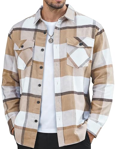 MAGNIVIT Flannel Shirt for Men Brushed Cotton Plaid Shirt Jacket Spring Fall Casual Long Sleeve Button Down Shacket 2 Pockets Beige XL