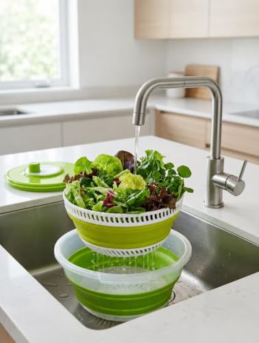 Katlanabilir Salata Kurutucu; Süzgeç ve Kase Seti, 3’ü 1 Arada 4.5 L Yeşil