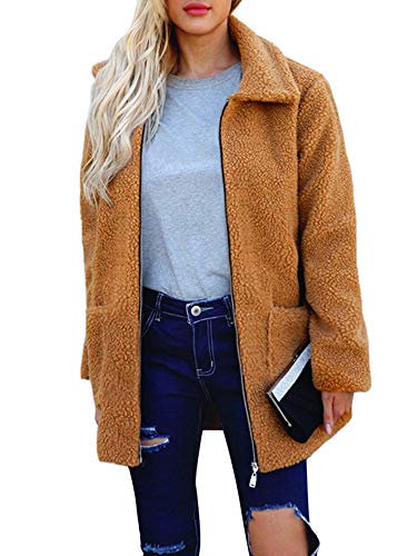 Mulheres Casaco De Pele Falso Fluffy Sólidos Turn Down Collar Manga Comprida Com Zíper Bolsos Casuai