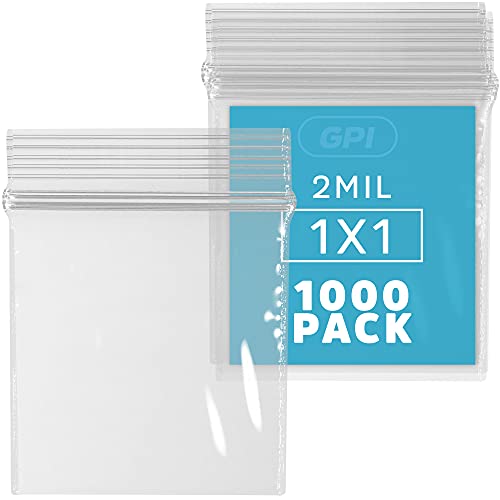 1000 Count - 1" x 1" Small Zip Bags, Mini Reclosable Tiny Zipper Baggies, 2 Mil, Clear Plastic Resealable Storage Bags with Zip Top Lock for Packaging Jewelry, Diamonds, Pills, Powders - GPI by GPI - Used condition - US$10.21
