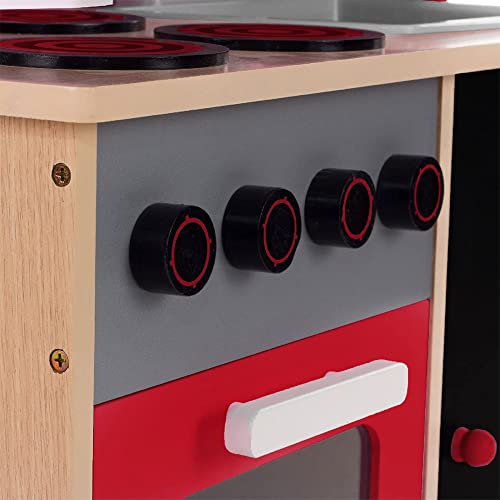 Bakaji Cucina In Legno Giocattolo Per Bambini Con Anta E Cassetti Lavagna Lavello In Plastica 4 Fornelli Forno Apribile E Microonde Chiusure Magnetiche 60 X 30 X 90 Cm (Rosso) - 6