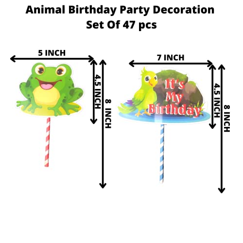 Image of Party Decorz Animal /Jungle /Safari Theme Birthday Decoration Set Of 47 pcs(1pcs Happy Birthday Banner +12pcs Paper Cutout +2pcs Props +1pcs Cake Topper +1pcs Curtain +30pcs Balloons)