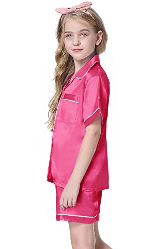 Image of Schbbbta Girls Womens Pajamas, Satin Silky Pjs Set Kids 2Pcs Button-Down Nightwear Sleepwear Gift for Mommy and me