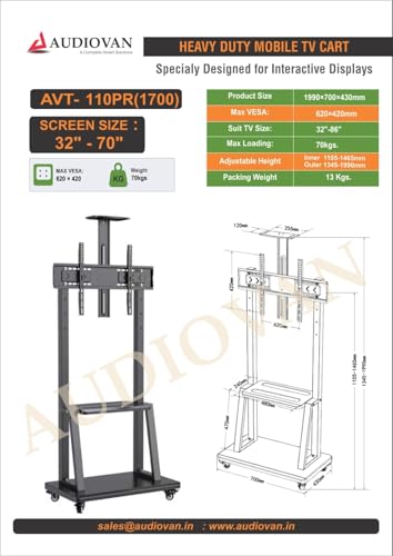 Image of AUDIOVAN TV Stand with Wheels for TV Display Rolling Metal TV Cart Trolley Mobile Movable TV Bracket (AVT-110PR)