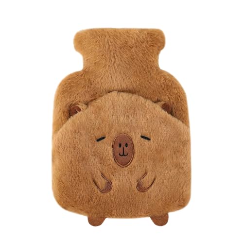 Weciau Bolsa de Agua Caliente, 1L Mini Bolsa de Agua Caliente Peluche con Funda, Relajado y Cómodo, Desmontable, a Prueba de Explosiones y Fugas, Regalos de Invierno para Adultos y Niños, Caqui
