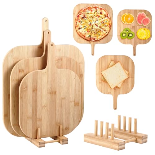 Hushee 3 Pcs Wooden Pizza Peel with Rack Set 12, 14, 16 Inch Bamboo Pizza Paddle Bread Pie Cutting Board with Handle for Kitchen