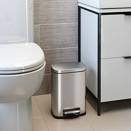 Image of iTouchless SoftStep 1.32 Gallon Slim Step Pedal Bathroom Trash Can with AbsorbX Odor Filter & Removable Inner Bucket, Fingerprint-Proof 5 L Stainless Steel Wastebasket, Restroom, Office, Tight Spaces
