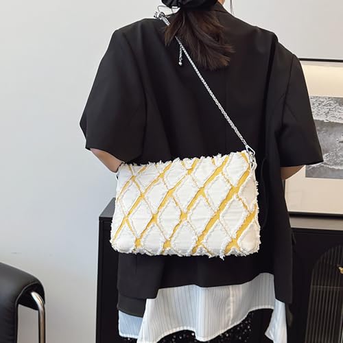 Image of Women Denim Clutch Shoulder Bag Chain Strap Handbag Zipper Quilted Distressed Satchel, White Yellow