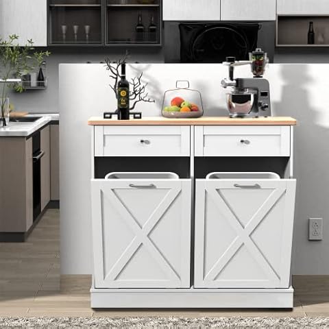 Betterhood Double Tilt Out Trash Cabinet Can Bin Kitchen 20 Gallon Wooden Free Standing Laundry Sorter,Recycling Cabinet with Hideaway Drawer, (White) Cover