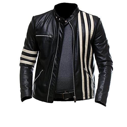 Mens Cafe Racer White Stripes Leather Jacket Classic Casual Biker Slim-Fit2