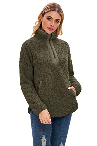 Lilly Posh Womens Fleece Sherpa Fuzzy Zipper Long Sleeve Loose Pullover Green