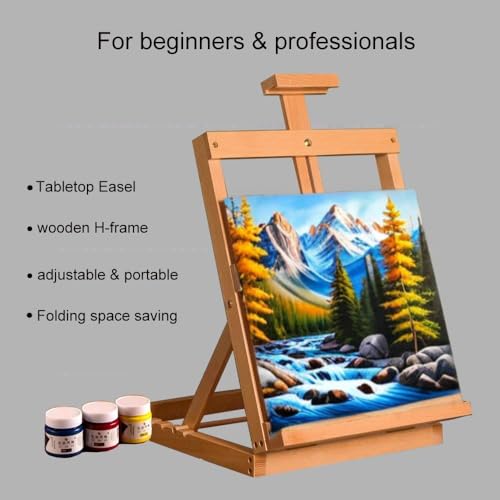 Tiny-Trees® Wooden Tabletop Easel Stand for Painting, German Beechwood with Adjustable Height & Angle - Foldable for Canvas up to 60cm - Compact 31x35cm Base for Artists, Adults & Kids - حامل رسم