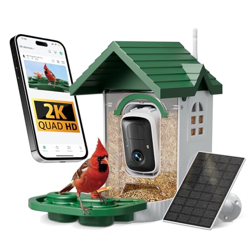 Bird Feeder with Camera, 2K HD Solar Powered Birdhouse with Cam for Outdoors, AI Identify Birds Species, Auto Capture & Real-time Notifications (Green)