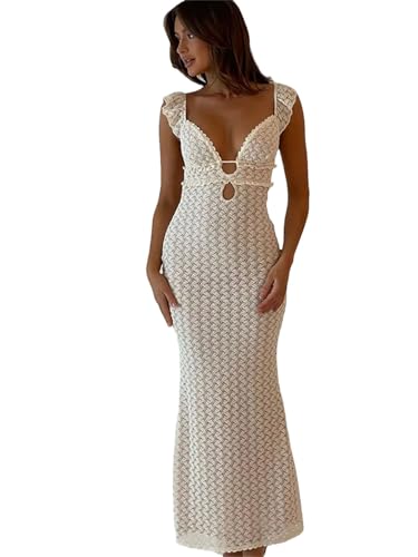 Frauen Summercrochet Aushöhlen Stricken Maxi Kleid Backless V-Ausschnitt Ärmel, Figurbetonte Kleider Dame High Street Roben Apricot S