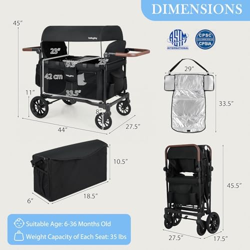 BABY JOY Wagon Stroller for 4 Kids, Foldable Stroller Wagon with Removable Canopy, Adjustable Handle, Snack Tray, Parent Organizer, 5-Point Safety Harness, Convertible Diaper Bag/Changing Pad (Black) - 5