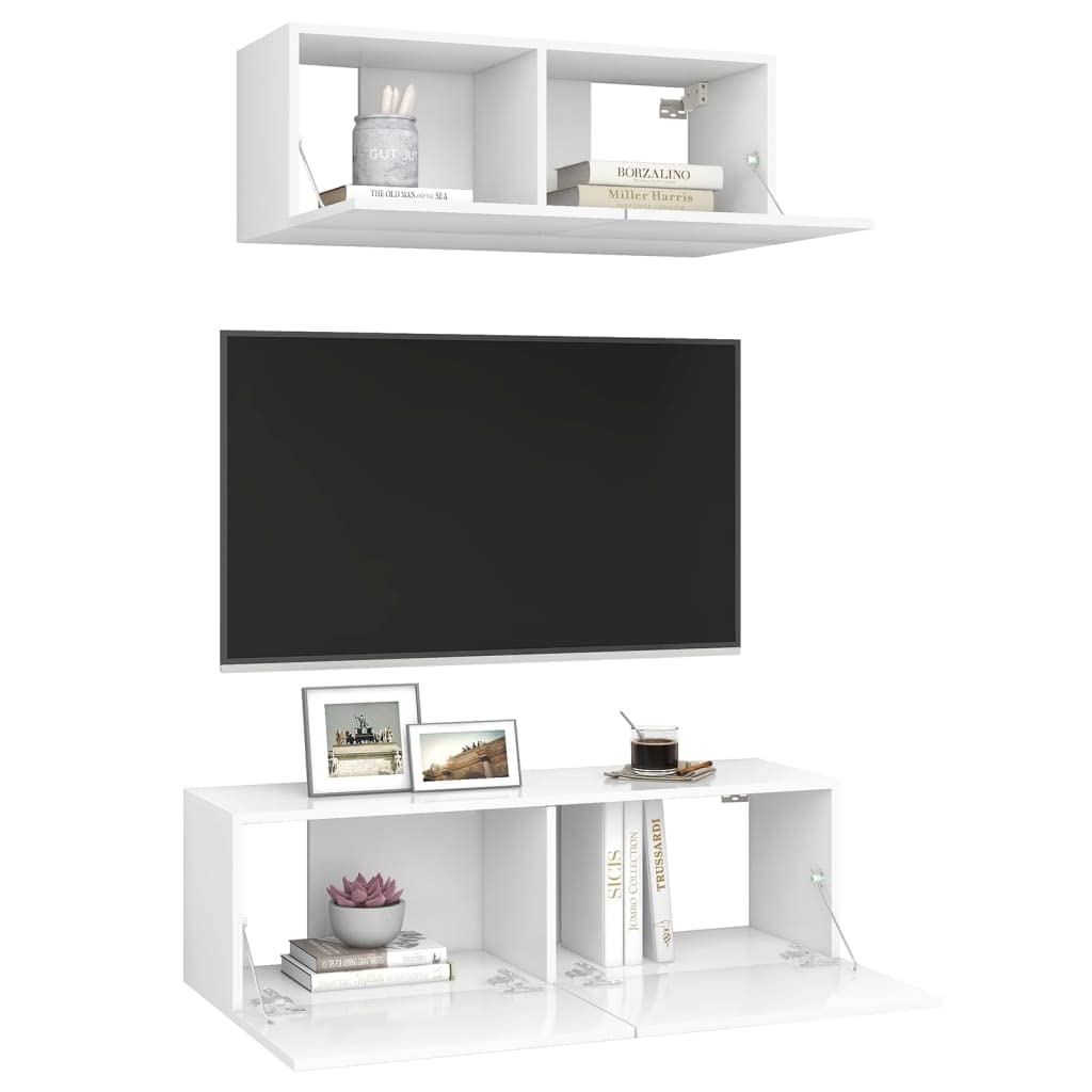 2er-Set TV-Schrank, Weiß Holzwerkstoff, Hängend, Modernes Media-Center für Wohnzimmer und Schlafzimmer, 100x30x30 cm & 80x30x30 cm, mit Stauraum