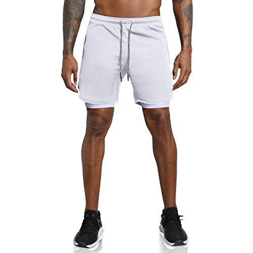 Leidowei Men's 2-In-1 Running Workout Shorts Gym Short With Compression Shorts And Zip Pocket (White, X-Large) #TOP1