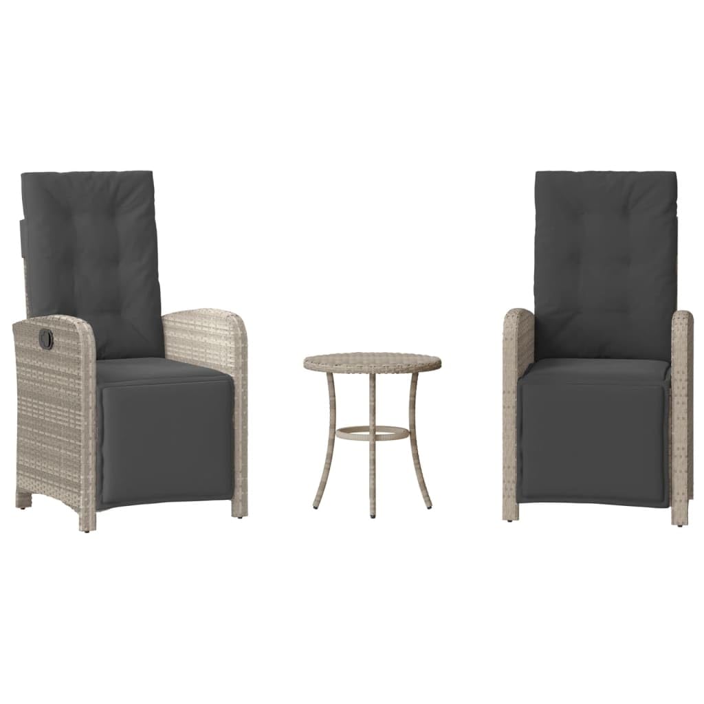 Set da 3 pezzi in polyrattan grigio chiaro con cuscino, schienale regolabile e poggiapiedi, fodere rimovibili e lavabili, telaio in acciaio verniciato a polvere, per giardino e balcone